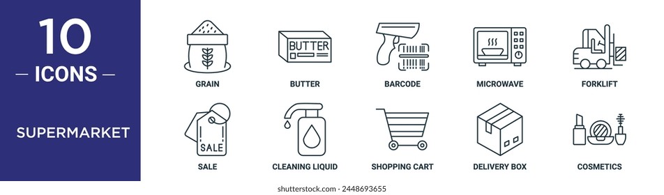 supermarket outline icon set includes thin line grain, butter, barcode, microwave, forklift, sale, cleaning liquid icons for report, presentation, diagram, web design