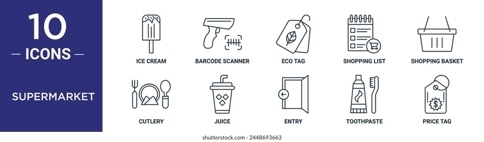 supermarket outline icon set includes thin line ice cream, barcode scanner, eco tag, shopping list, shopping basket, cutlery, juice icons for report, presentation, diagram, web design