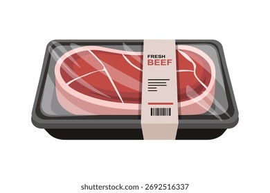 Carne de vacuno envasada de supermercado. Ilustración del paquete de carne de res de Premium. Carne fresca cortada en paquete sellado. Ilustración de empaquetado de carne de res