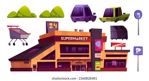 Aparcamiento de supermercado conjunto de vectores de caricatura - fachada de gran hipermercado, coches estacionados, carteles de lote y arbustos verdes para el diseño exterior de la tienda. Entrada al edificio de tiendas con elementos urbanos al aire libre.