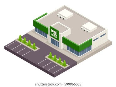 The supermarket with parking and shopping carts. Retail trade.  ?redit Cards. Vector isometric illustration. supermarket exterior