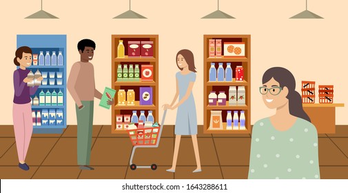 Supermarket. People choosing and buying products at grocery store. Vector flat illustration.