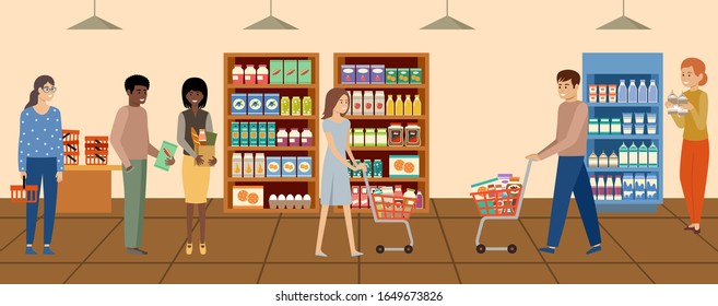 Supermarket. People choosing and buying products at grocery store. Vector flat illustration.