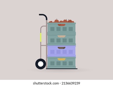 Supermarket plastic crates with fruits and vegetables stacked on a shipping cart