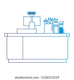supermarket point of sale desk with computer and products