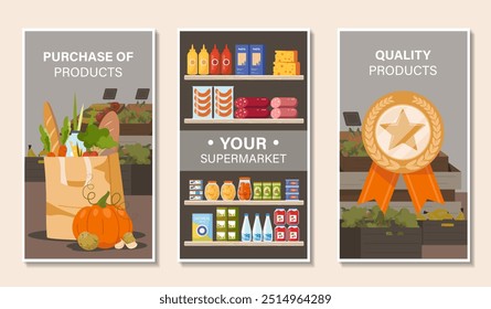 Supermarket posters set. Bag with fresh vegetables and baguette. Shelves with milks and juices. Cheese, sausage, tuna and pasta. Flat vector collection isolated on beige background. 3D Illustration