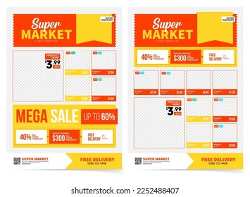 Plantilla de folleto de promoción de productos de supermercado. Ver diseño de afiches. Anuncios de compra. Volante de supermercado con descuentos. Ilustración del vector