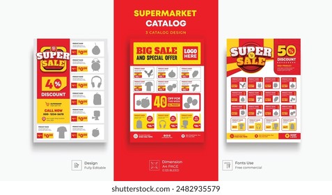 Plantilla de folleto de promoción de productos de supermercado. Volante de supermercado con descuentos. Anuncio de diseño 3d para el catálogo de productos de supermercado