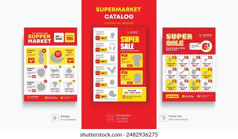 Plantilla de folleto de promoción de productos de supermercado. Volante de supermercado con descuentos. Anuncio de diseño minimalista para el catálogo de productos de supermercado