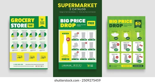 Plantilla de folleto de promoción de productos de supermercado. Volante de supermercado con descuentos. Anuncio de diseño minimalista para el catálogo de productos de supermercado