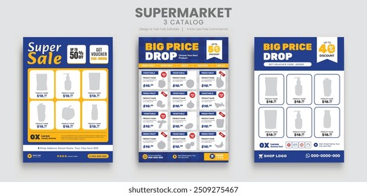 Plantilla de folleto de promoción de productos de supermercado. Volante de supermercado con descuentos. Anuncio de diseño minimalista para el catálogo de productos de supermercado