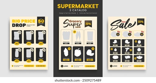 Modelo de folheto de promoção de produto de supermercado. Panfleto de supermercado com descontos. Banner de layout minimalista para catálogo de produtos de supermercado