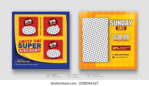 Supermarket product promotion social media post template. Supermarket banner with discounts. Minimalist layout banner for supermarket product