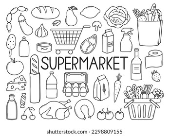 Supermarkt Produkte doodle Set.  Lebensmittelgeschäft im Skizzenstil. handgezeichnete Vektorgrafik einzeln auf weißem Hintergrund