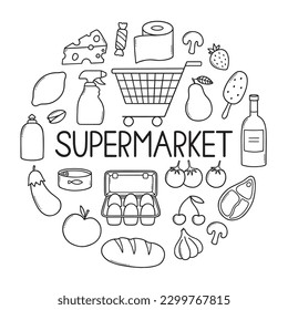 Supermarket products doodle set.  Grocery store in sketch style. Hand drawn vector illustration isolated on white background