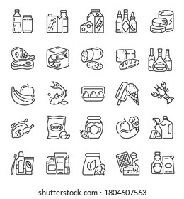 Supermarket Products, Packaging, Icon Set. Food In The Market, Linear Icons. Line With Editable Stroke