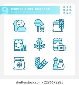 Supermarket products pixel perfect blue RGB color icons set. Grocery store food. Shopping cart. Isolated vector illustrations. Simple filled line drawings collection. Editable stroke