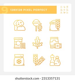 Supermarket products pixel perfect gradient linear vector icons set. Grocery store food. Shopping cart. Thin line contour symbol designs bundle. Isolated outline illustrations collection