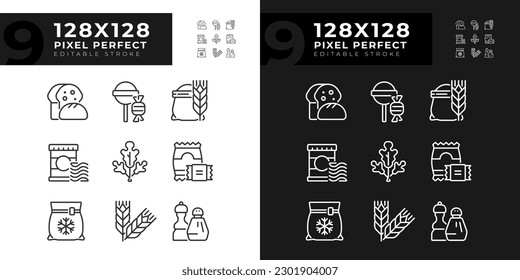 Supermarket products pixel perfect linear icons set for dark, light mode. Grocery store food. Daily necessities. Thin line symbols for night, day theme. Isolated illustrations. Editable stroke