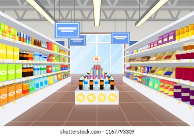 Supermarket and products poster diversity of items, plastic bottles with sweet water, jars with jams, packages with milk and juice vector illustration