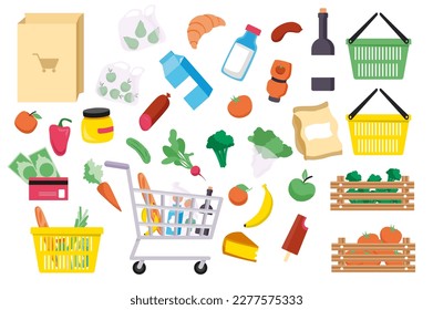 Supermarket products set concept in the flat cartoon design. Image of supermarket products that are included in the customer's basket and cart. Vector illustration.