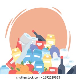 Supermarket Products Stack, Wine Bottles Food Cleaning Items Excess Purchase Vector Illustration