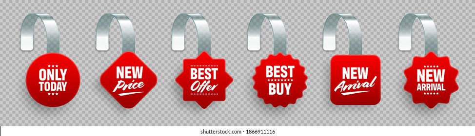 Supermarket promotional wobblers with ad text. Realistic vector wobbler template for shelf advertising. Sale or discount label. Special offer price tag.