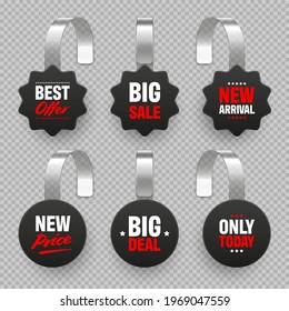 Supermarket promotional wobblers with ad text. Realistic vector wobbler template for shelf advertising. Sale or discount label. Special offer price tag.