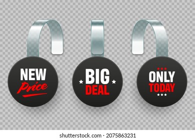 Supermarket promotional wobblers with ad text. Realistic vector wobbler template for shelf advertising. Sale or discount label. Special offer price tag.