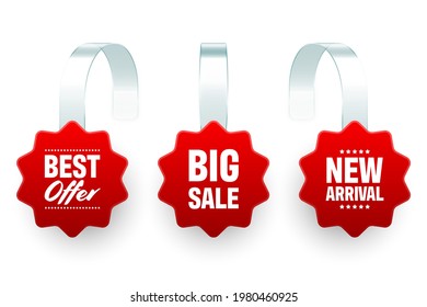 Supermarket promotional wobblers isolated on white background. Realistic wobbler template for shelf advertising. Sale or discount label with ad text. Special offer price tag. Vector illustration.
