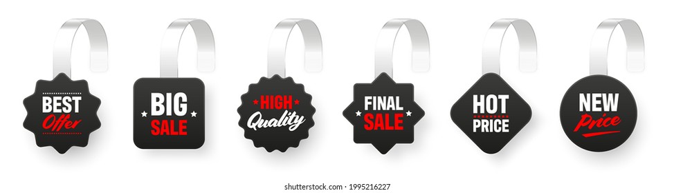 Supermarket promotional wobblers isolated on white background. Realistic wobbler template for shelf advertising. Sale or discount label with ad text. Special offer price tag. Vector illustration.