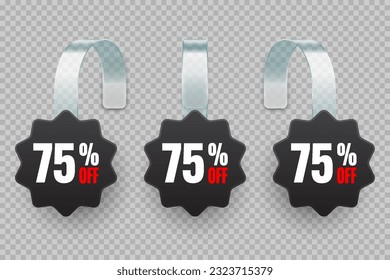 Supermarket promotional wobblers. Realistic black wobbler template for shelf advertising, 75 percent off discount. Sale label with ad text. Special offer price tag. Vector illustration