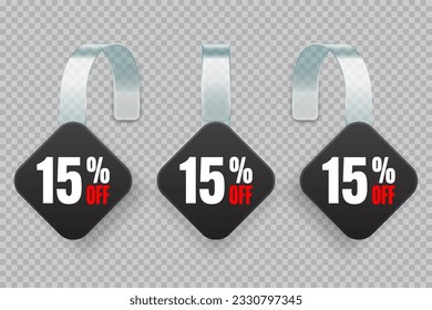 Supermarket promotional wobblers. Realistic black wobbler template for shelf advertising, 15 percent off discount. Sale label with ad text. Special offer price tag. Vector illustration