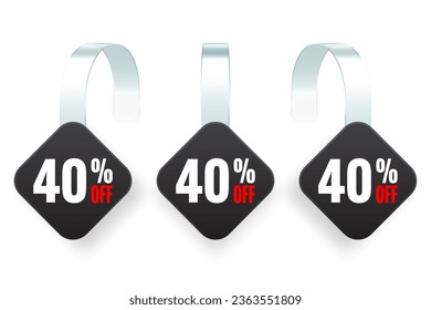 Supermarket promotional wobblers. Realistic black wobbler template for shelf advertising, 40 percent off discount. Sale label with ad text. Special offer price tag. Vector illustration