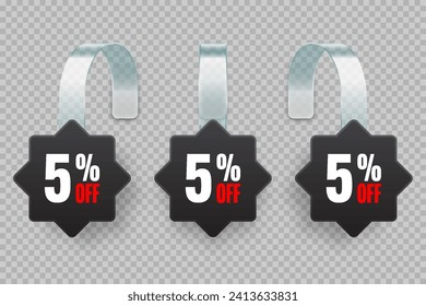 Supermarket promotional wobblers. Realistic black wobbler template for shelf advertising, 5 percent off discount. Sale label with ad text. Special offer price tag. Vector illustration