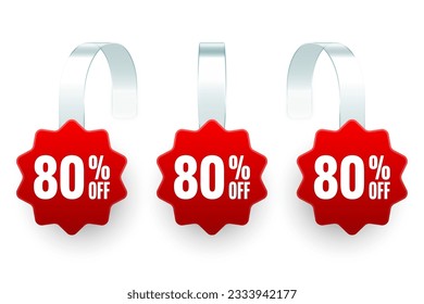 Supermarket promotional wobblers. Realistic red wobbler template for shelf advertising, 80 percent off discount. Sale label with ad text. Special offer price tag. Vector illustration