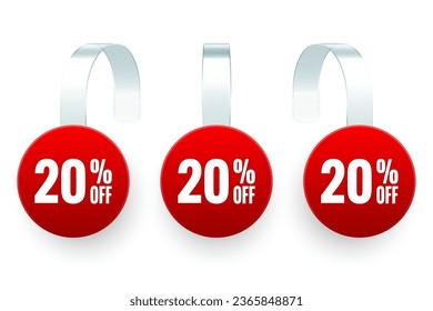 Supermarket promotional wobblers. Realistic red wobbler template for shelf advertising, 20 percent off discount. Sale label with ad text. Special offer price tag. Vector illustration