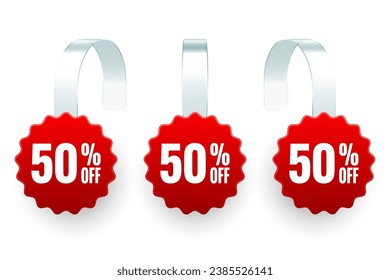 Supermarket promotional wobblers. Realistic red wobbler template for shelf advertising, 50 percent off discount. Sale label with ad text. Special offer price tag. Vector illustration