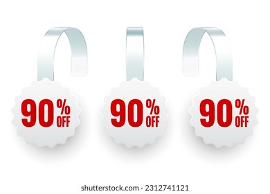 Supermarket promotional wobblers. Realistic white wobbler template for shelf advertising, 90 percent off discount. Sale label with ad text. Special offer price tag. Vector illustration