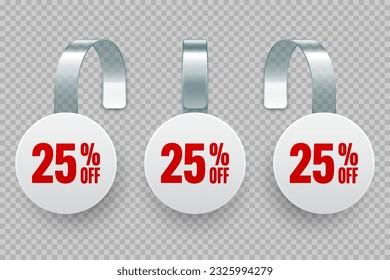 Supermarket promotional wobblers. Realistic white wobbler template for shelf advertising, 25 percent off discount. Sale label with ad text. Special offer price tag. Vector illustration