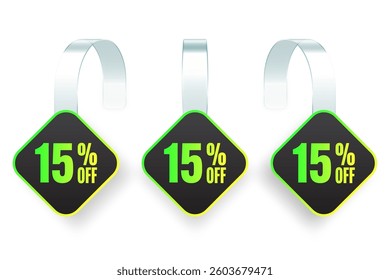 Supermarket promotional wobblers. Realistic white wobbler template for shelf advertising, 15 percent off discount. Sale label with ad text. Special offer price tag. Vector illustration