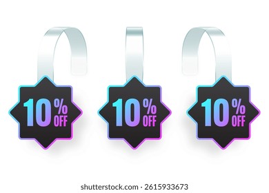 Supermarket promotional wobblers. Realistic white wobbler template for shelf advertising, 10 percent off discount. Sale label with ad text. Special offer price tag. Vector illustration