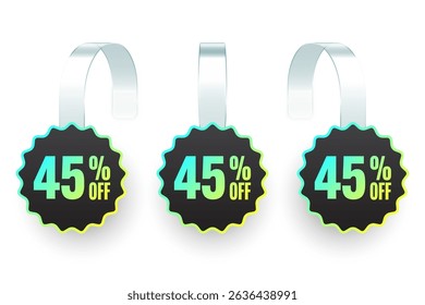 Supermarket promotional wobblers. Realistic white wobbler template for shelf advertising, 45 percent off discount. Sale label with ad text. Special offer price tag. Vector illustration