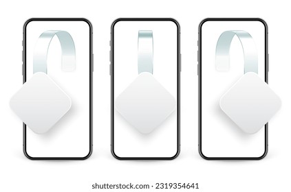 Supermarket promotional wobblers and smartphone. Realistic blank wobbler template for shelf advertising. Sale or discount label. Special offer price tag. Online, web shop concept. Vector illustration