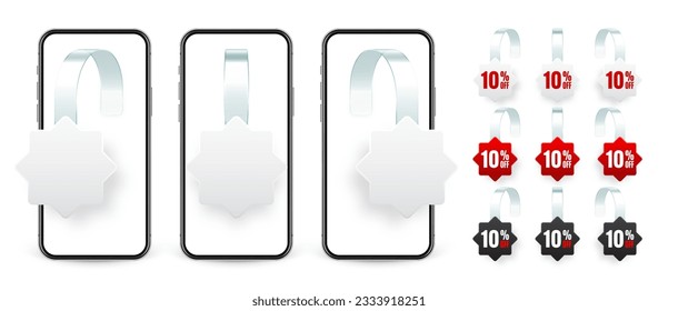 Supermarket promotional wobblers and smartphone. Realistic wobbler for shelf advertising. Sale, percent discount label. Special offer price tag. Online, web shop concept. Vector illustration