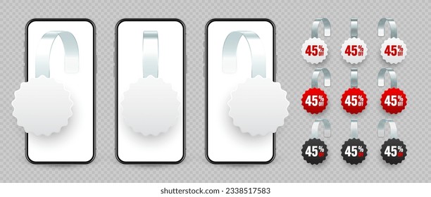 Supermarket promotional wobblers and smartphone. Realistic wobbler for shelf advertising. Sale, percent discount label. Special offer price tag. Online, web shop concept. Vector illustration