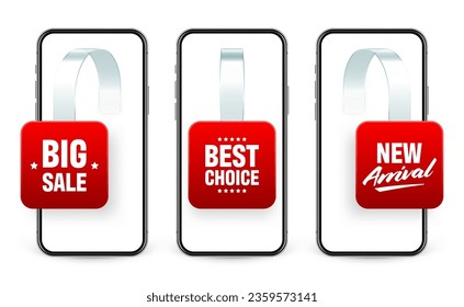 Trabajadores promocionales de supermercado y smartphone. Emblema realista para la publicidad en el estante. Etiqueta de venta o descuento con texto de anuncio. Precio de oferta especial. En línea, concepto de tienda web. Ilustración del vector