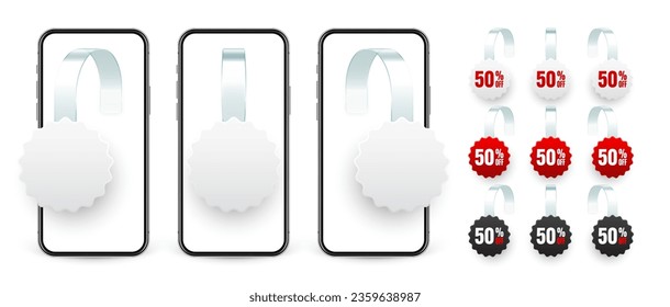 Supermarket promotional wobblers and smartphone. Realistic wobbler for shelf advertising. Sale, percent discount label. Special offer price tag. Online, web shop concept. Vector illustration