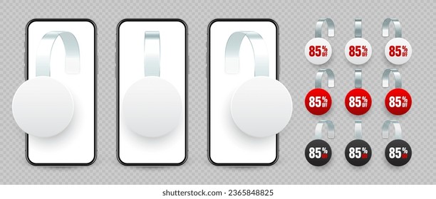 Supermarket promotional wobblers and smartphone. Realistic wobbler for shelf advertising. Sale, percent discount label. Special offer price tag. Online, web shop concept. Vector illustration