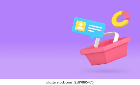 Supermarket purchase shopping product basket analyzing banner copy space vector illustration. Customer personal grocery goods buying shop store commercial merchandise analysis research